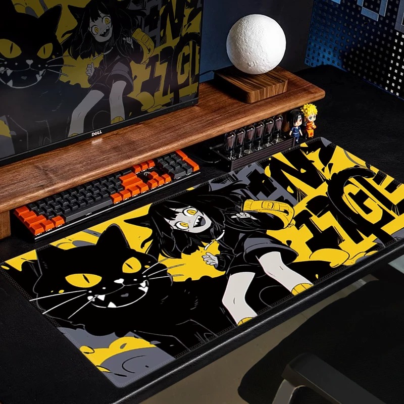 Yellow Desk Setup - Anime Black Cat Gaming Mouse Pad