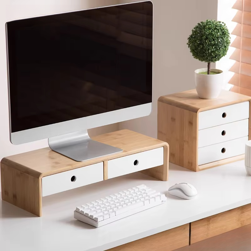 Desk Setup Laptop And Monitor - Bamboo Laptop Monitor Riser Eco-Friendly Desktop