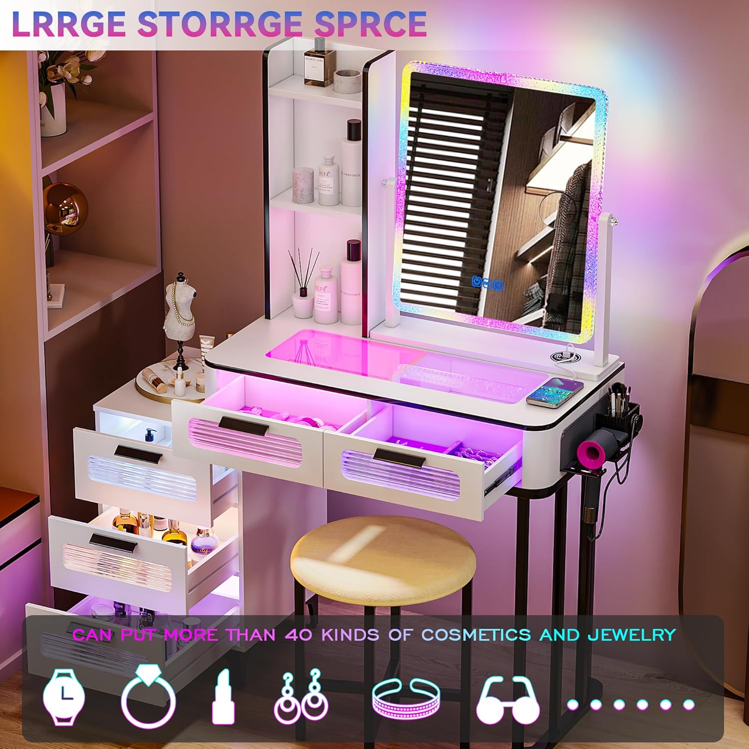 i*-RGB Makeup Vanity Desk with - Desk Setup Charging Station review and price